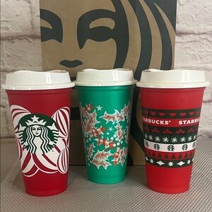 Starbucks Festive Holiday Trio Reusable Cups with Lids